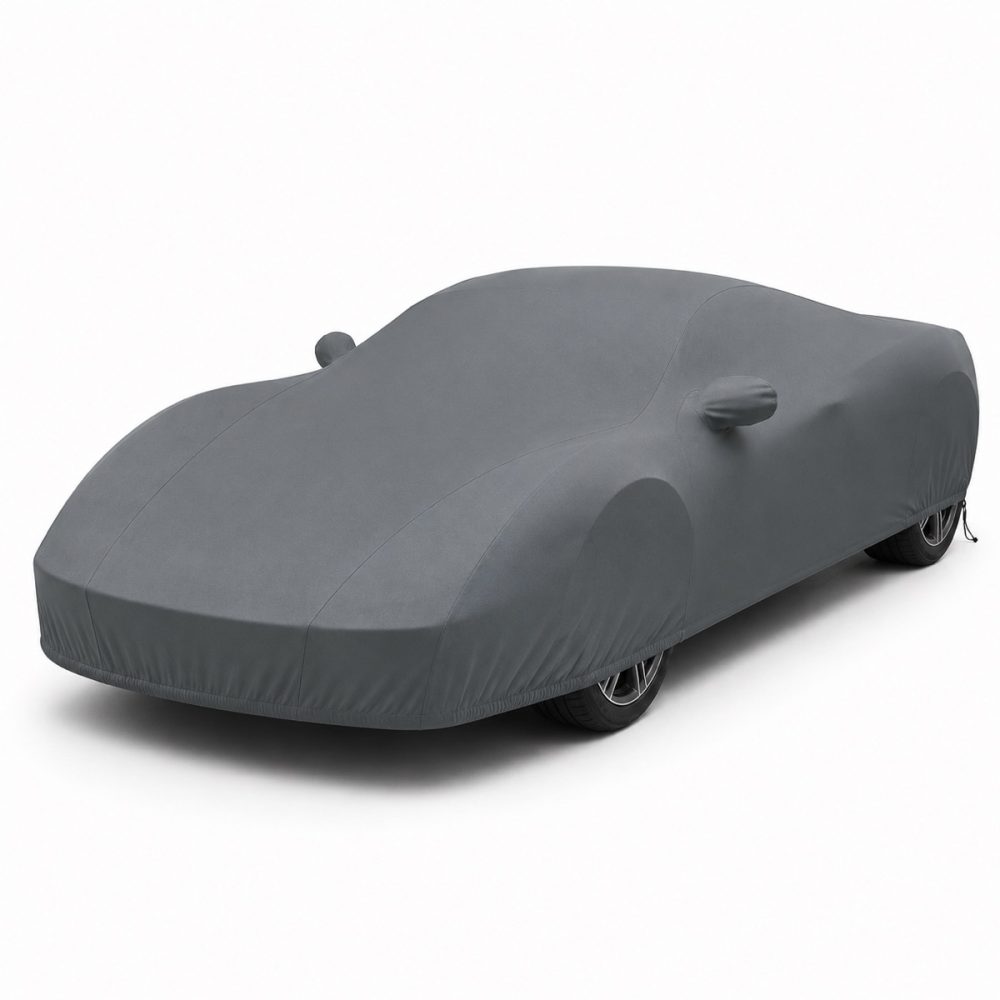 Housse de protection extérieure Urban gris anthracite sur mesure posée sur une Ferrari 458 Spider, vue avant 3/4