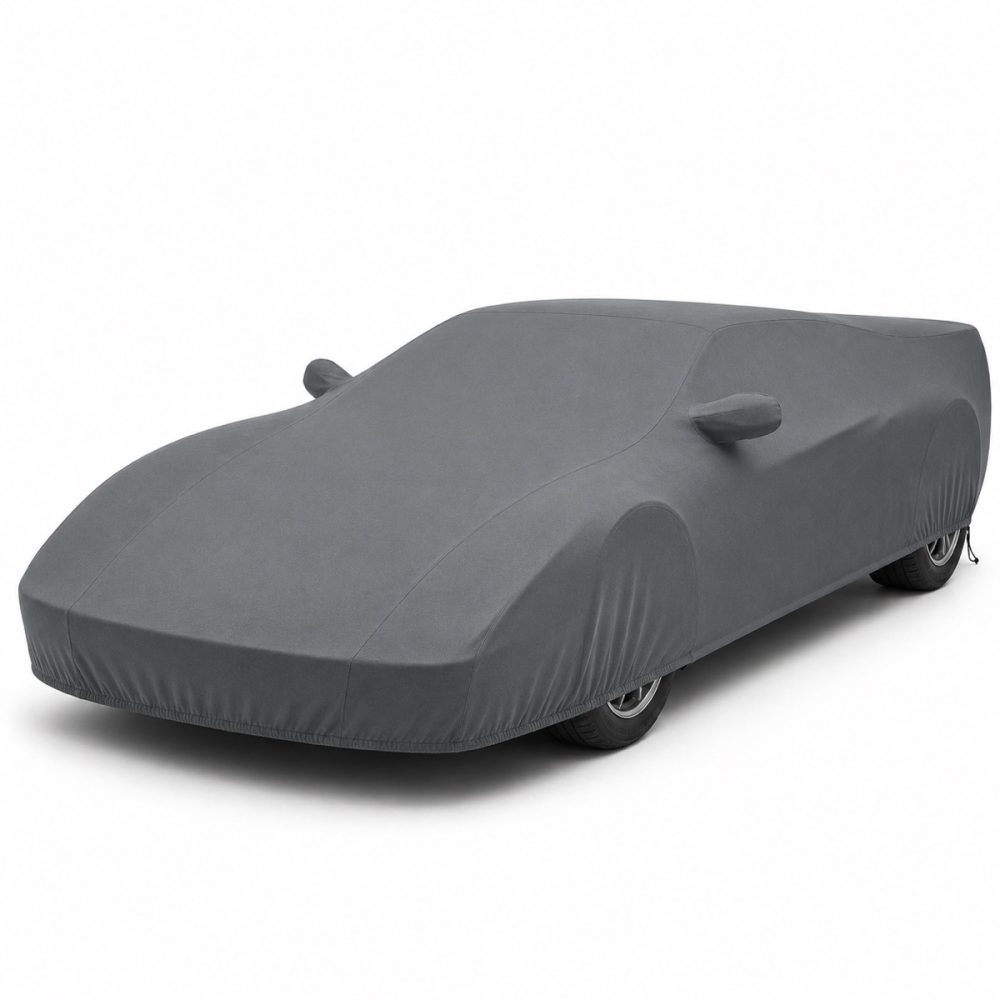 Housse de protection extérieure Urban gris anthracite sur mesure posée sur une Ferrari Testarossa, vue avant 3/4