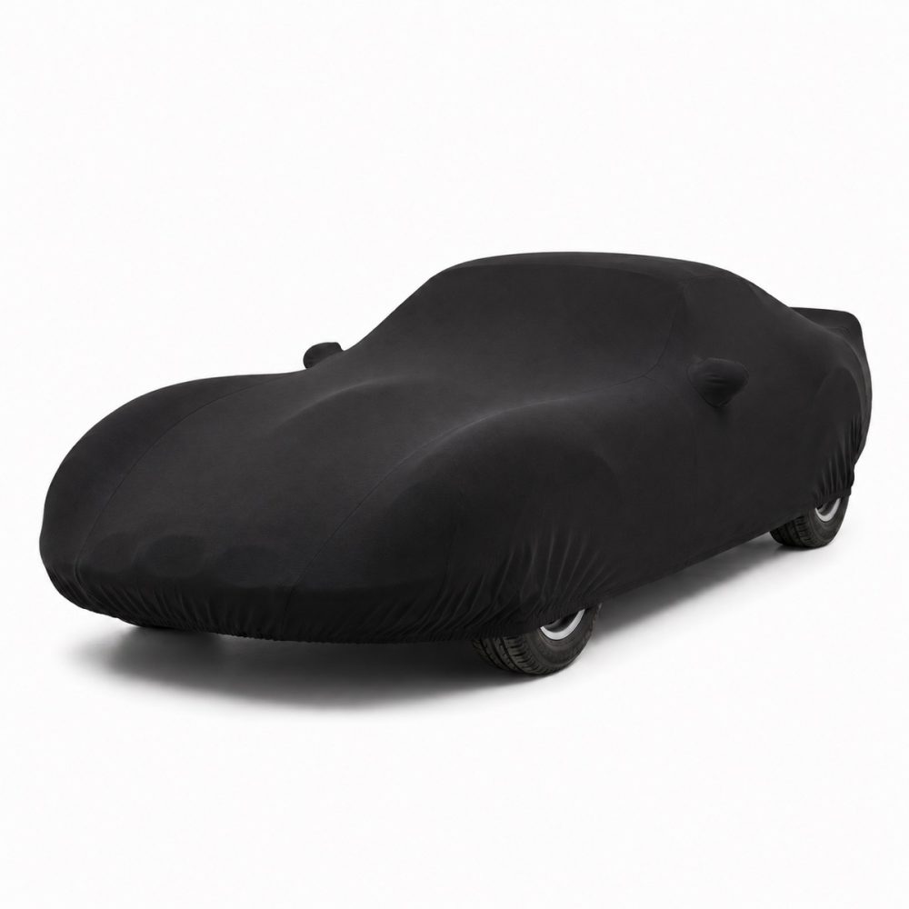 Housse de protection intérieure Jersey noire sur mesure posée sur une Ferrari 250 GTO, vue avant 3/4