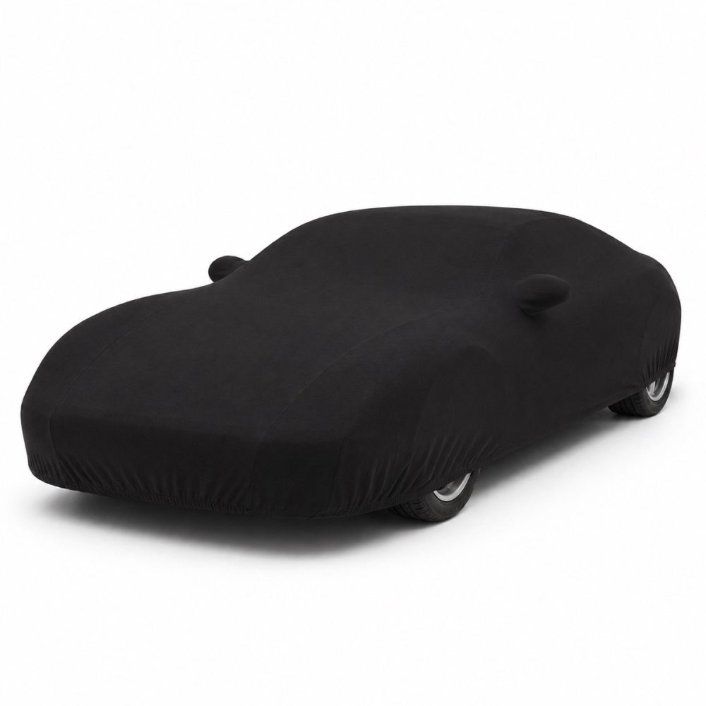Housse de protection intérieure Jersey noire sur mesure posée sur une Ferrari F355 Berlinetta, vue avant 3/4