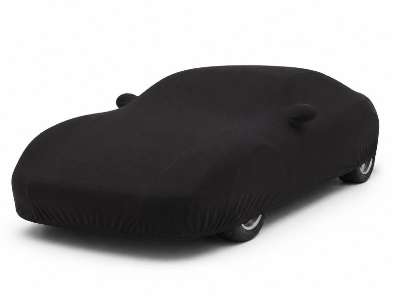 Housse de protection intérieure Jersey noire sur mesure posée sur une Ferrari F355 Spider, vue avant 3/4