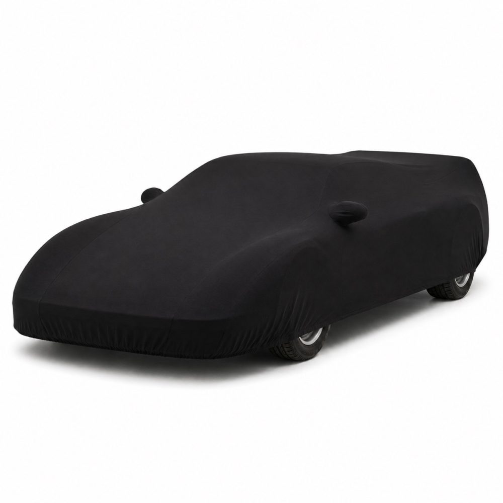 Housse de protection intérieure Jersey noire sur mesure posée sur une Ferrari F40, vue avant 3/4