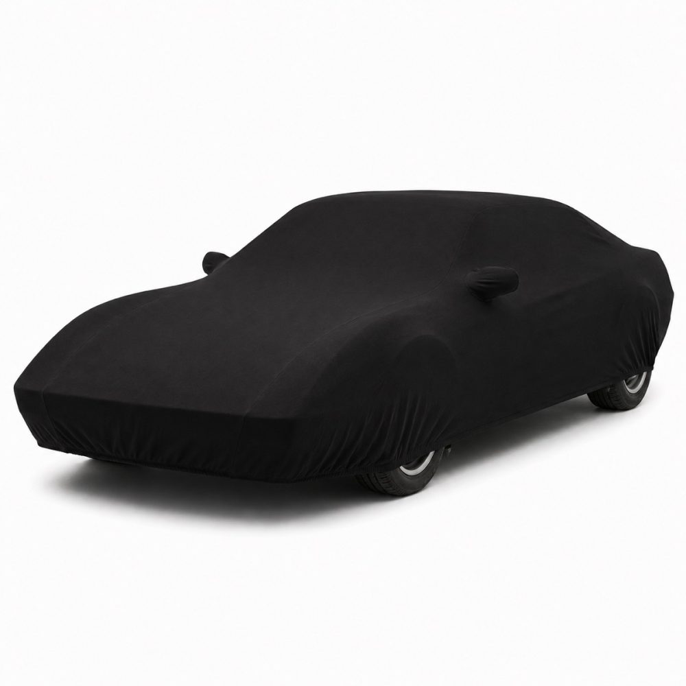 Housse de protection intérieure Jersey noire sur mesure posée sur une Ferrari Mondial Cabriolet, vue avant 3/4