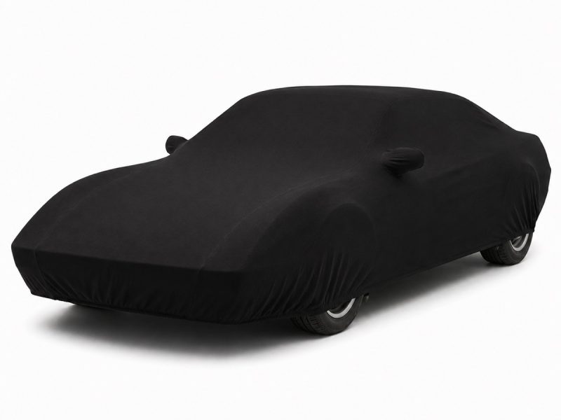 Housse intérieure Jersey Noir pour Ferrari Mondial Cabriolet Housse de protection intérieure Jersey noire sur mesure posée sur une Ferrari Mondial Cabriolet, vue avant 3/4