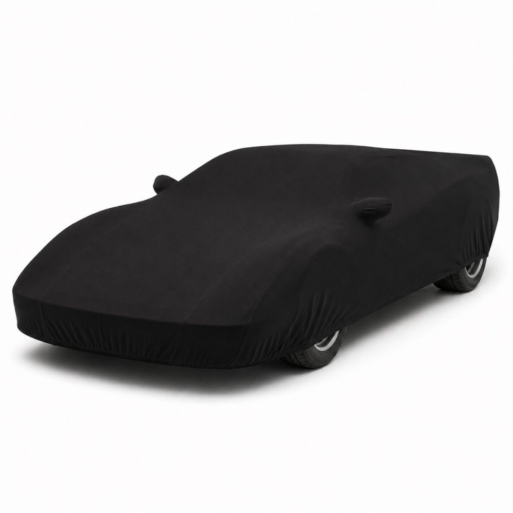 Housse de protection intérieure Jersey noire sur mesure posée sur une Ferrari Testarossa, vue avant 3/4