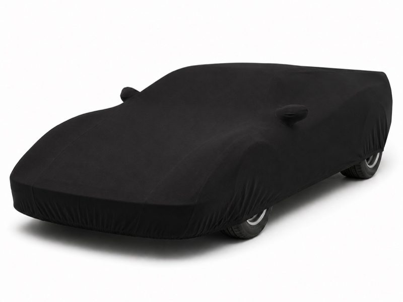 Housse de protection intérieure Jersey noire sur mesure posée sur une Ferrari Testarossa / 512 TR, vue avant 3/4