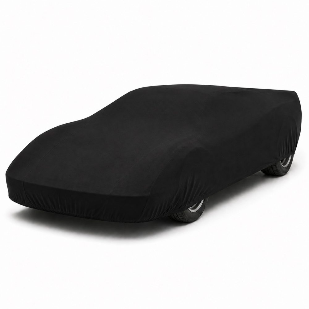 Housse de protection intérieure Jersey noire sur mesure posée sur une Ferrari Testarossa Monospecchio, vue avant 3/4