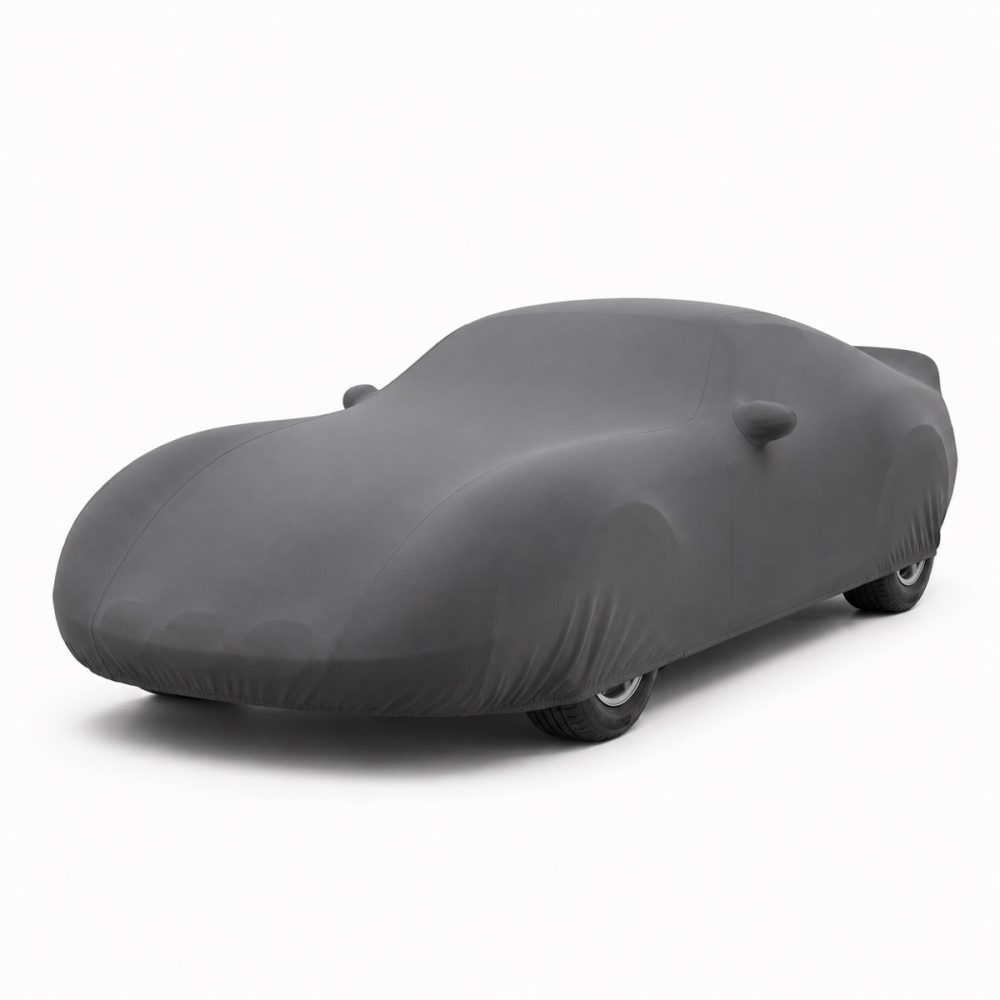 Housse de protection intérieure Lycra gris anthracite sur mesure posée sur une Ferrari 250 GTO, vue avant 3/4