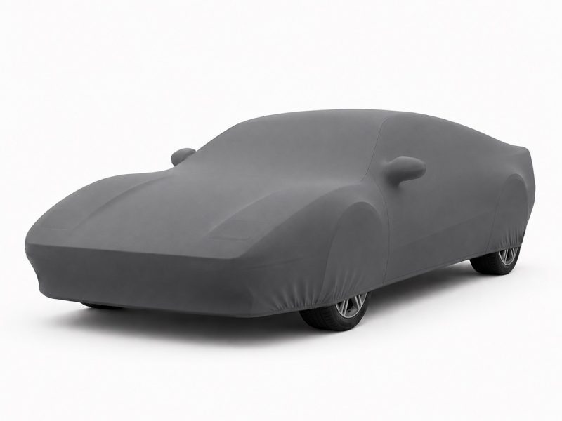 Housse de protection intérieure Lycra gris anthracite sur mesure posée sur une Ferrari 328 GTB / GTS, vue avant 3/4