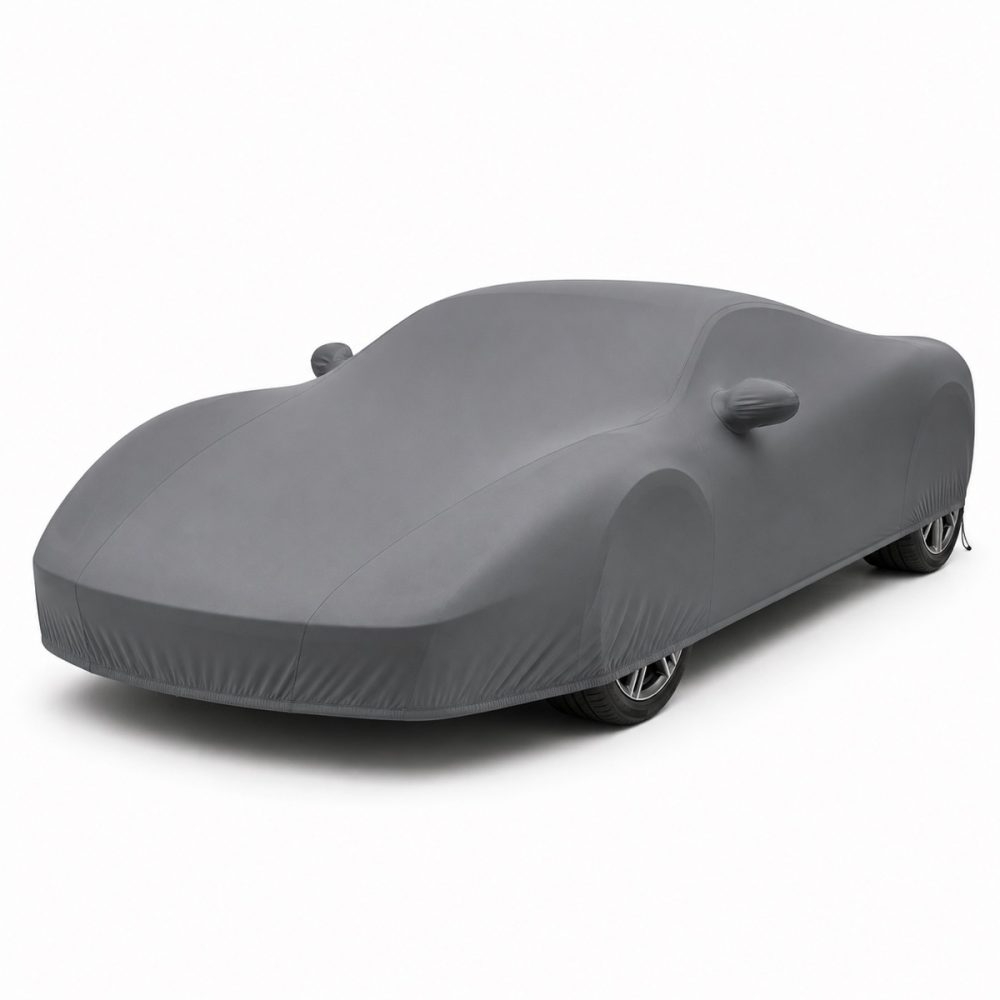 Housse de protection intérieure Lycra gris anthracite sur mesure posée sur une Ferrari 458 Spider, vue avant 3/4