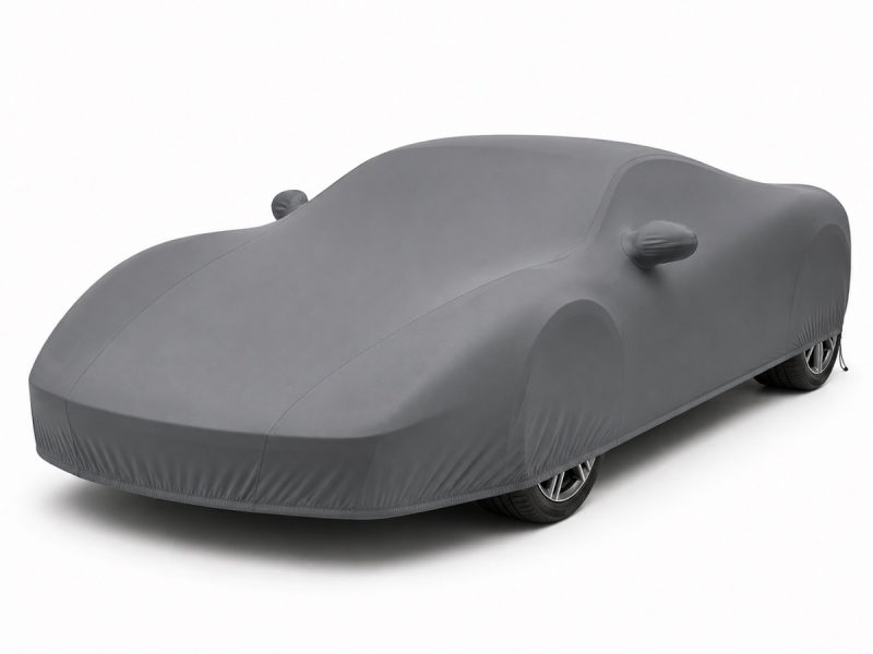 Housse de protection intérieure Lycra gris anthracite sur mesure posée sur une Ferrari 458 Spider, vue avant 3/4