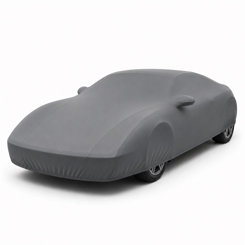 Housse de protection intérieure Lycra gris anthracite sur mesure posée sur une Ferrari F355 Spider, vue avant 3/4