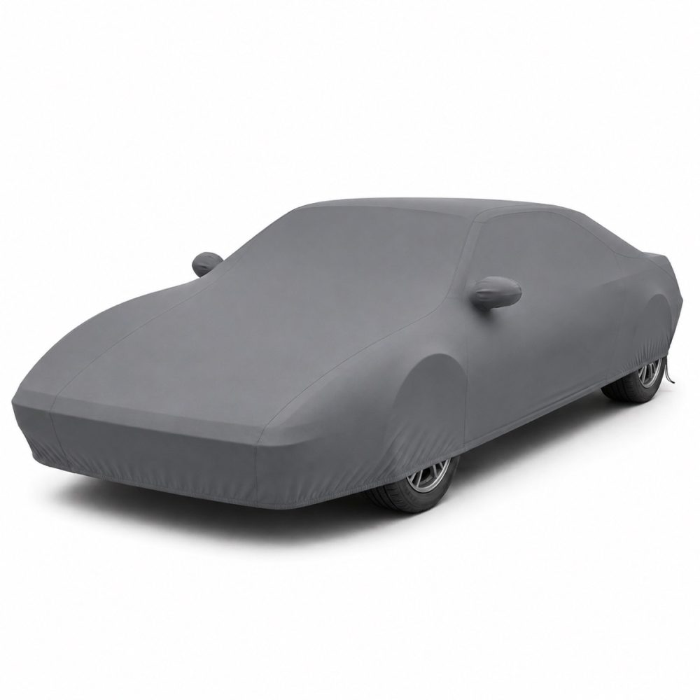 Housse de protection intérieure Lycra gris anthracite sur mesure posée sur une Ferrari Mondial, vue avant 3/4