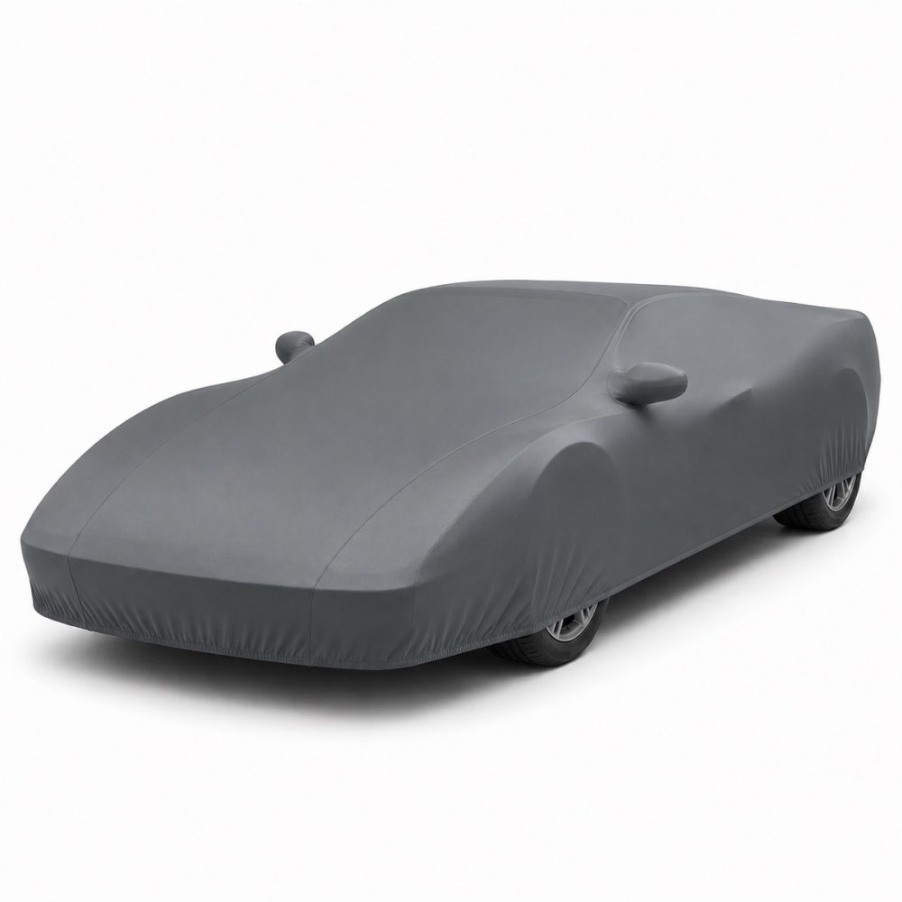 Housse de protection intérieure Lycra gris anthracite sur mesure posée sur une Ferrari Testarossa / 512 TR, vue avant 3/4