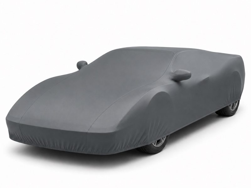 Housse de protection intérieure Lycra gris anthracite sur mesure posée sur une Ferrari Testarossa / 512 TR, vue avant 3/4