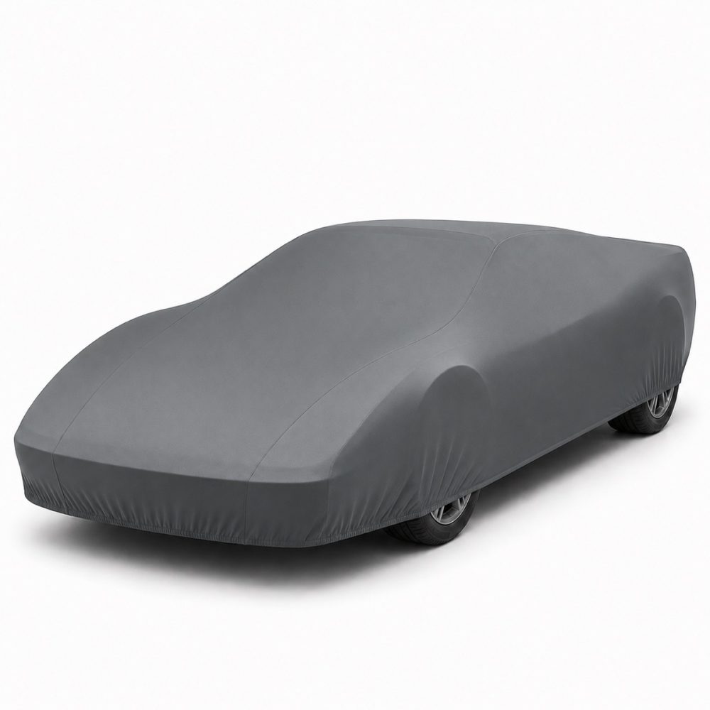 Housse de protection intérieure Lycra gris anthracite sur mesure posée sur une Ferrari Testarossa Monospecchio, vue avant 3/4