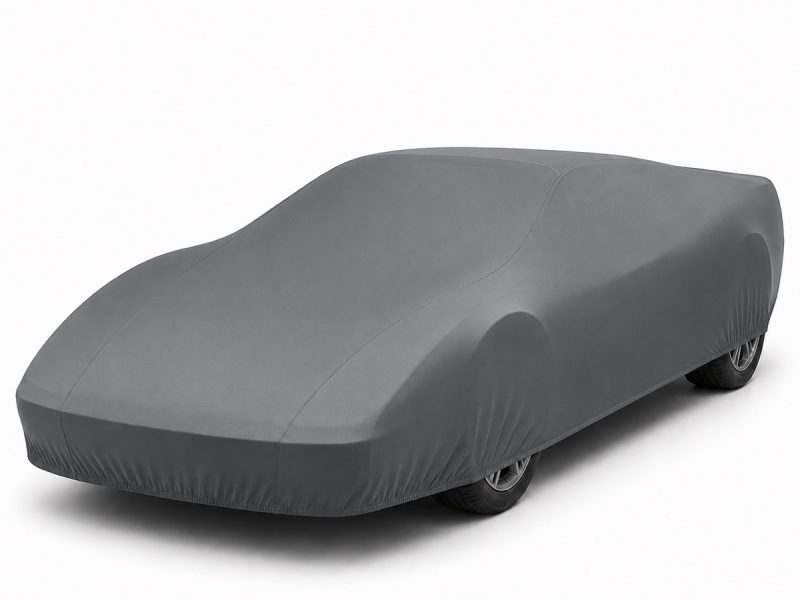 Housse de protection intérieure Lycra gris anthracite sur mesure posée sur une Ferrari Testarossa Monospecchio, vue avant 3/4