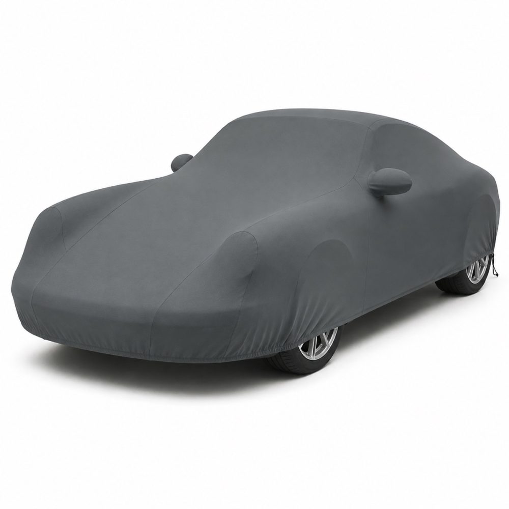 Housse de protection extérieure Urban gris anthracite sur mesure posée sur une Porsche 911 997 Coupé Targa, vue avant 3/4
