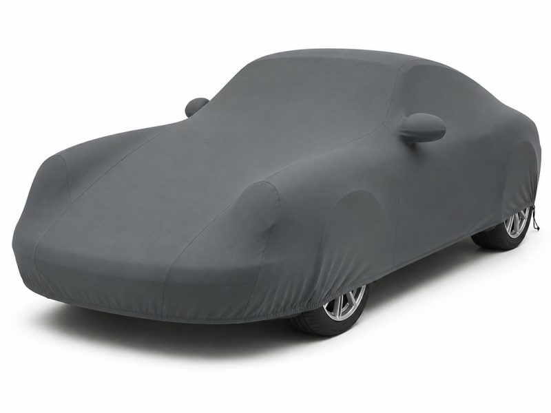 Housse de protection extérieure Urban gris anthracite sur mesure posée sur une Porsche 911 997 Coupé Targa, vue avant 3/4