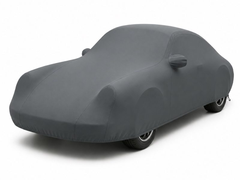 Housse de protection extérieure Urban gris anthracite sur mesure posée sur une Porsche 911 964 Coupé Targa, vue avant 3/4
