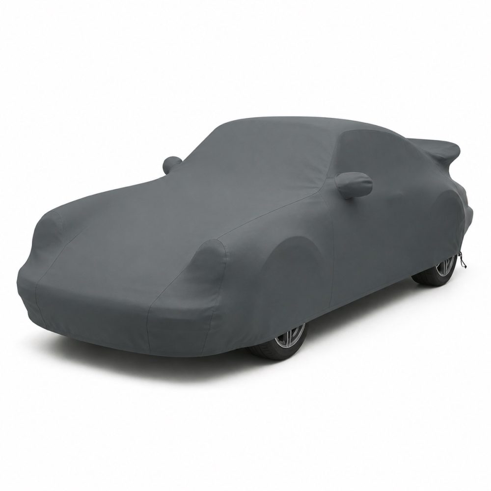 Housse extérieure Urban Gris anthracite pour Porsche 911 SC et Carrera 3.2 « Turbo-Look » Housse de protection extérieure Urban gris anthracite sur mesure posée sur une Porsche 911 SC et Carrera 3.2 « Turbo-Look », vue avant 3/4