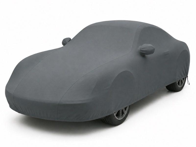 Housse extérieure Urban Gris anthracite pour Porsche Cayman (981) Housse de protection extérieure Urban gris anthracite sur mesure posée sur une Porsche Cayman 981, vue avant 3/4