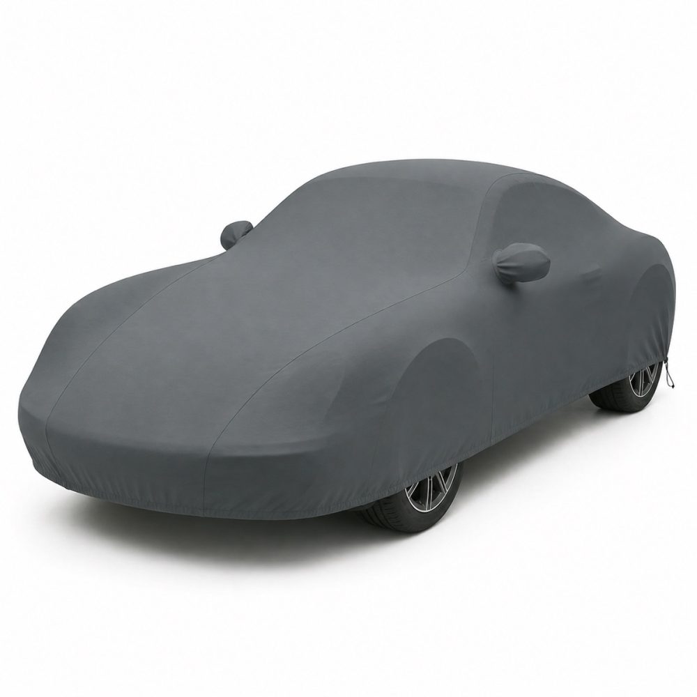 Housse de protection extérieure Urban gris anthracite sur mesure posée sur une Porsche Cayman 987, vue avant 3/4