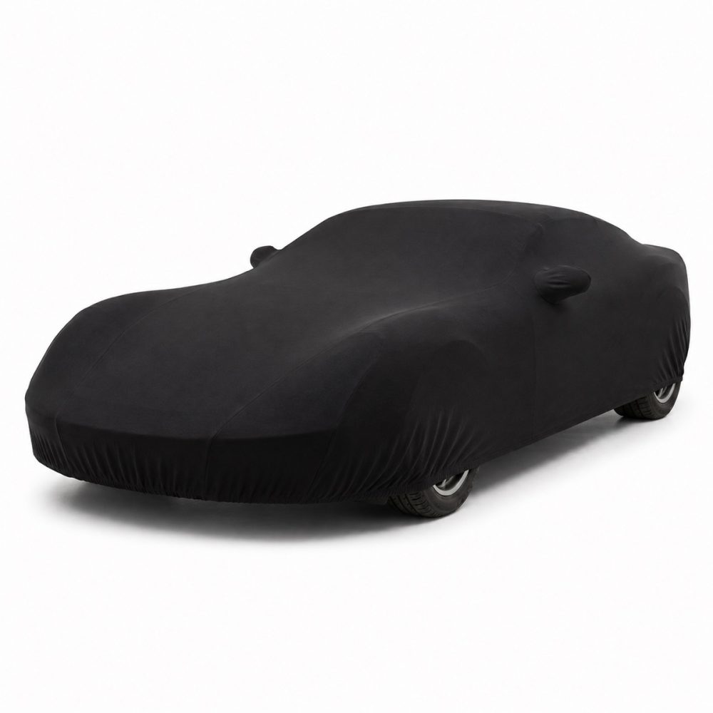 Housse de protection intérieure Jersey noire sur mesure posée sur une Ferrari 812 Superfast, vue avant 3/4