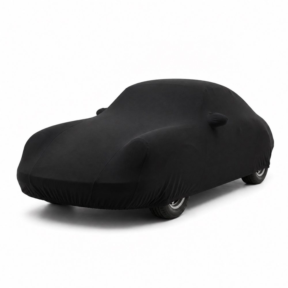 Housse de protection intérieure Jersey noire sur mesure posée sur une Porsche 356 A, vue avant 3/4