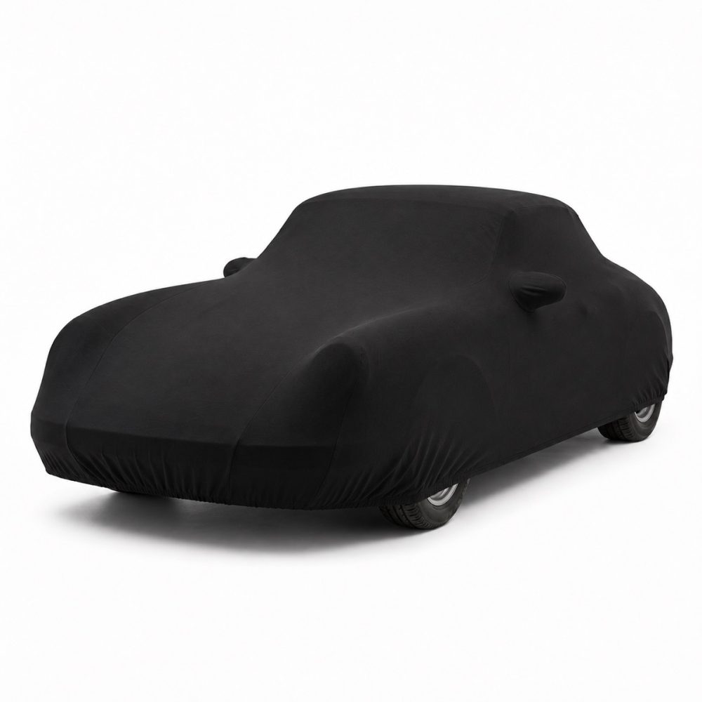 Housse de protection intérieure Jersey noire sur mesure posée sur une Porsche 356 B Cabriolet, vue avant 3/4