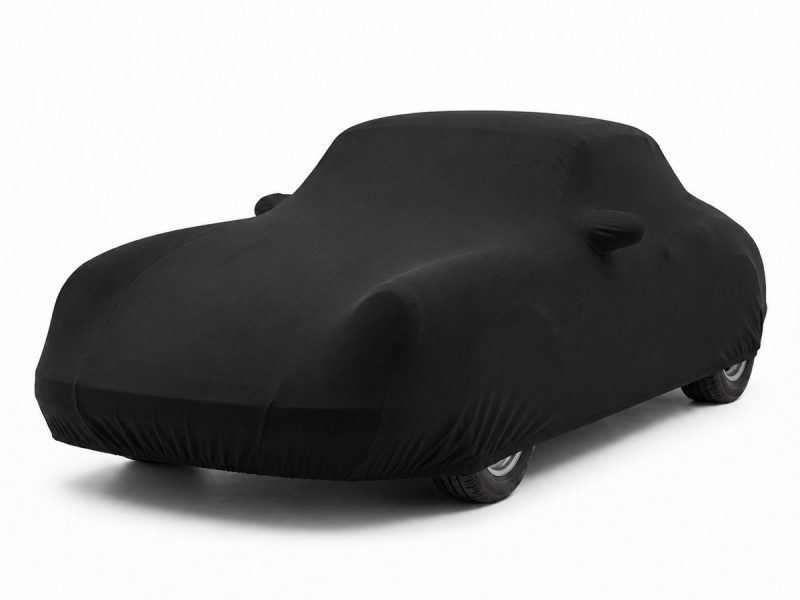 Housse intérieure Jersey Noir pour Porsche 356 B Cabriolet Housse de protection intérieure Jersey noire sur mesure posée sur une Porsche 356 B Cabriolet, vue avant 3/4
