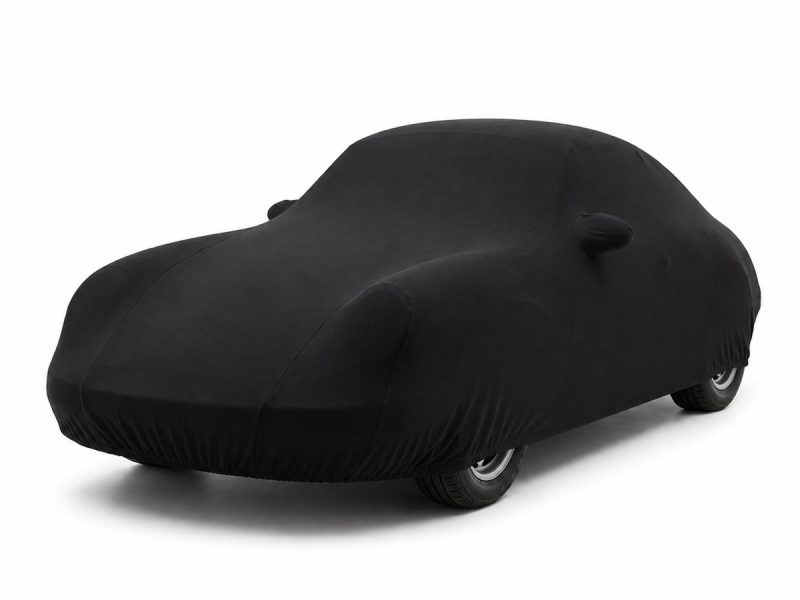 Housse de protection intérieure Jersey noire sur mesure posée sur une Porsche 356 C, vue avant 3/4