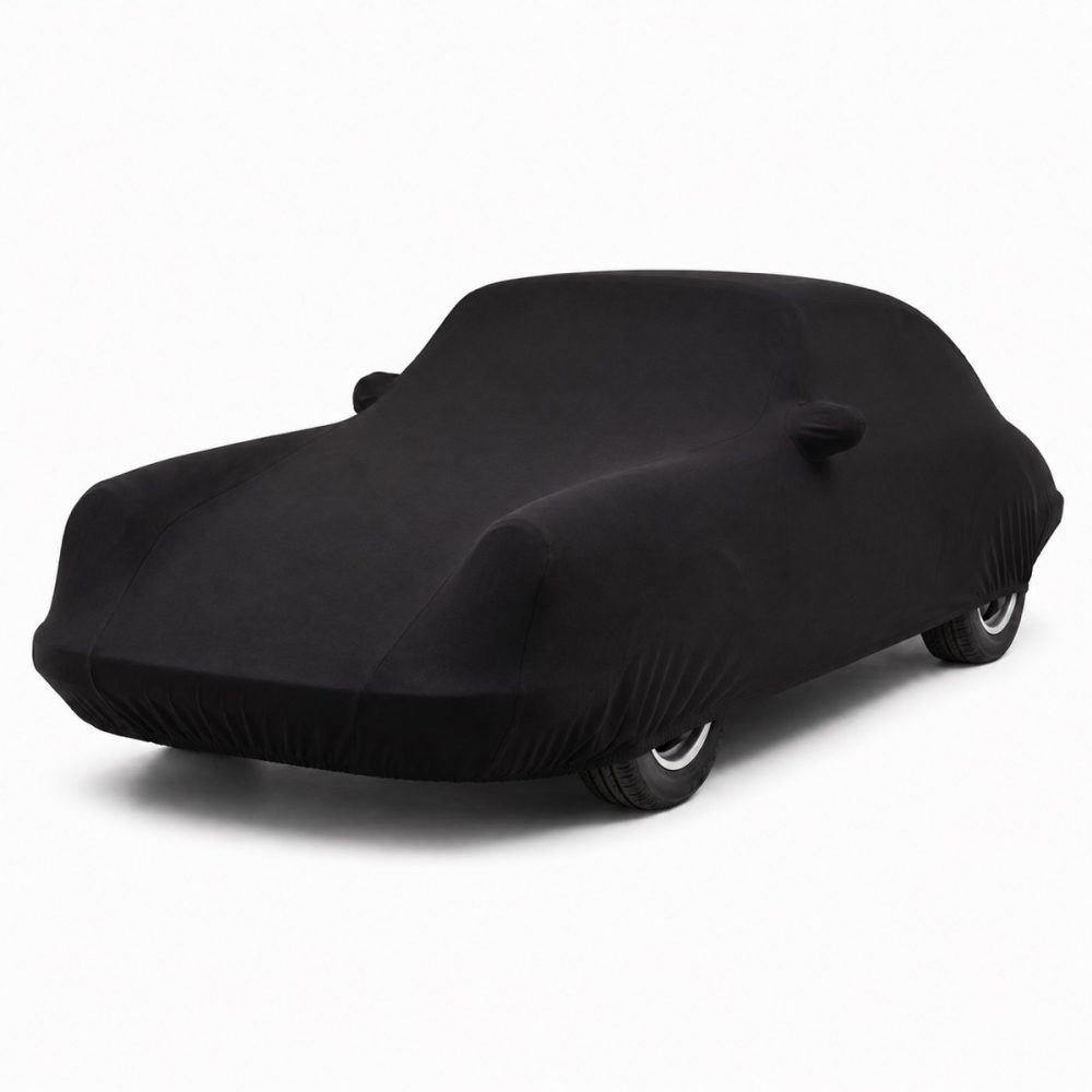 Housse de protection intérieure Jersey noire sur mesure posée sur une Porsche 911 901, vue avant 3/4