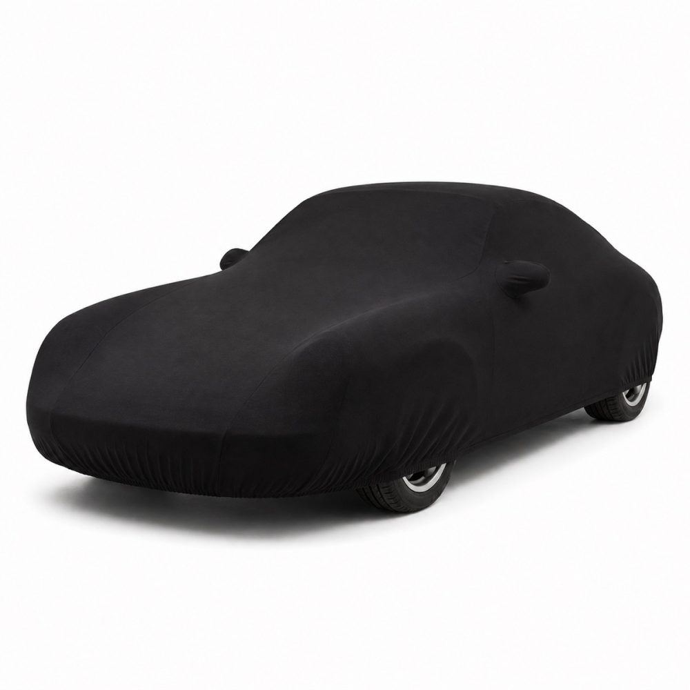 Housse de protection intérieure Jersey noire sur mesure posée sur une Porsche 911 993, vue avant 3/4