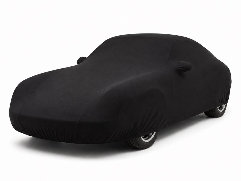 Housse de protection intérieure Jersey noire sur mesure posée sur une Porsche 911 993, vue avant 3/4