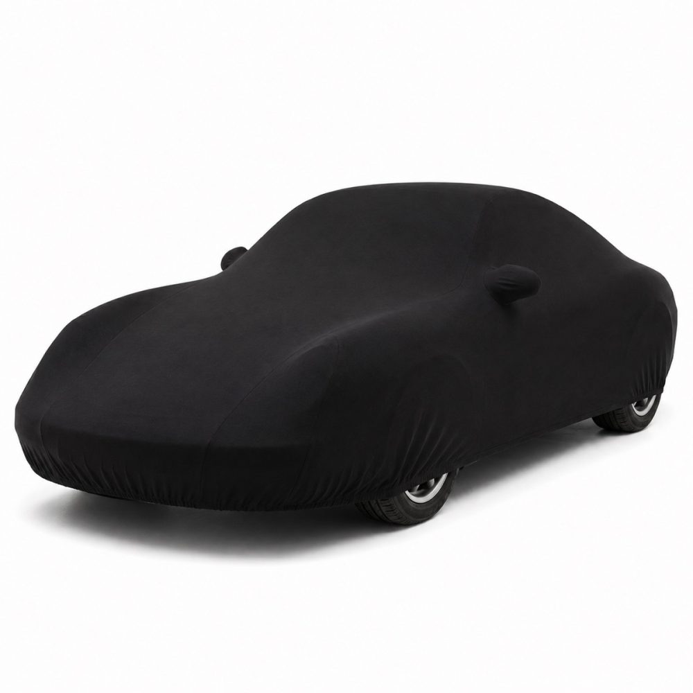 Housse de protection intérieure Jersey noire sur mesure posée sur une Porsche 911 996 Coupé Targa, vue avant 3/4