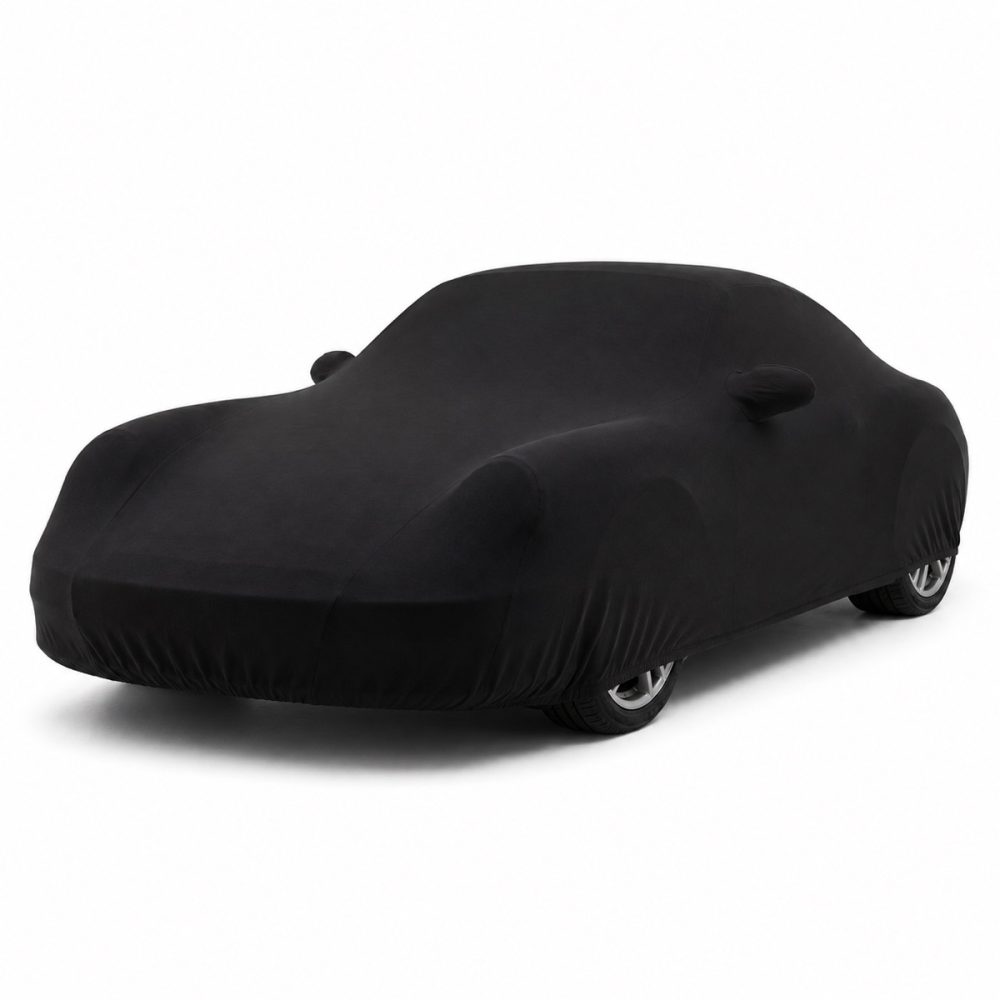 Housse de protection intérieure Jersey noire sur mesure posée sur une Porsche 911 997, vue avant 3/4