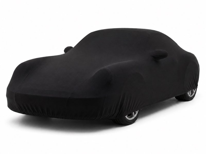 Housse de protection intérieure Jersey noire sur mesure posée sur une Porsche 911 997 Coupé Targa, vue avant 3/4