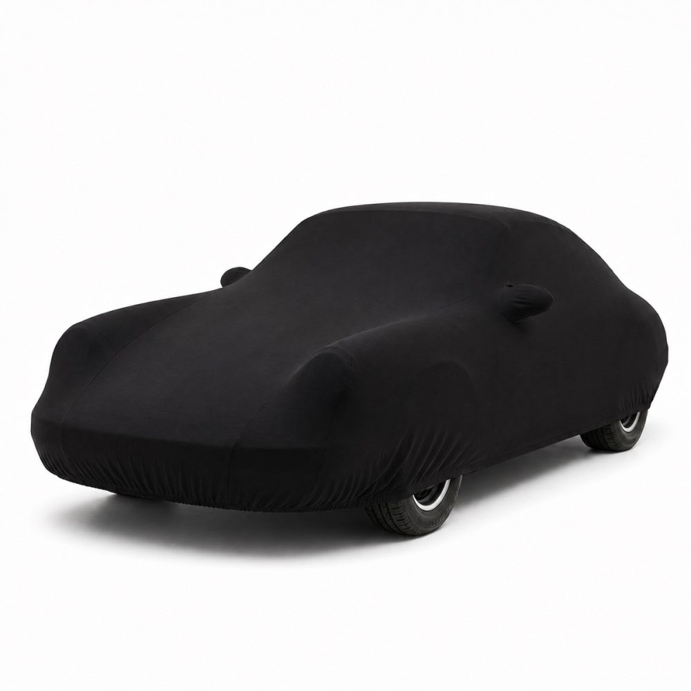 Housse de protection intérieure Jersey noire sur mesure posée sur une Porsche 911 964 Coupé Targa, vue avant 3/4