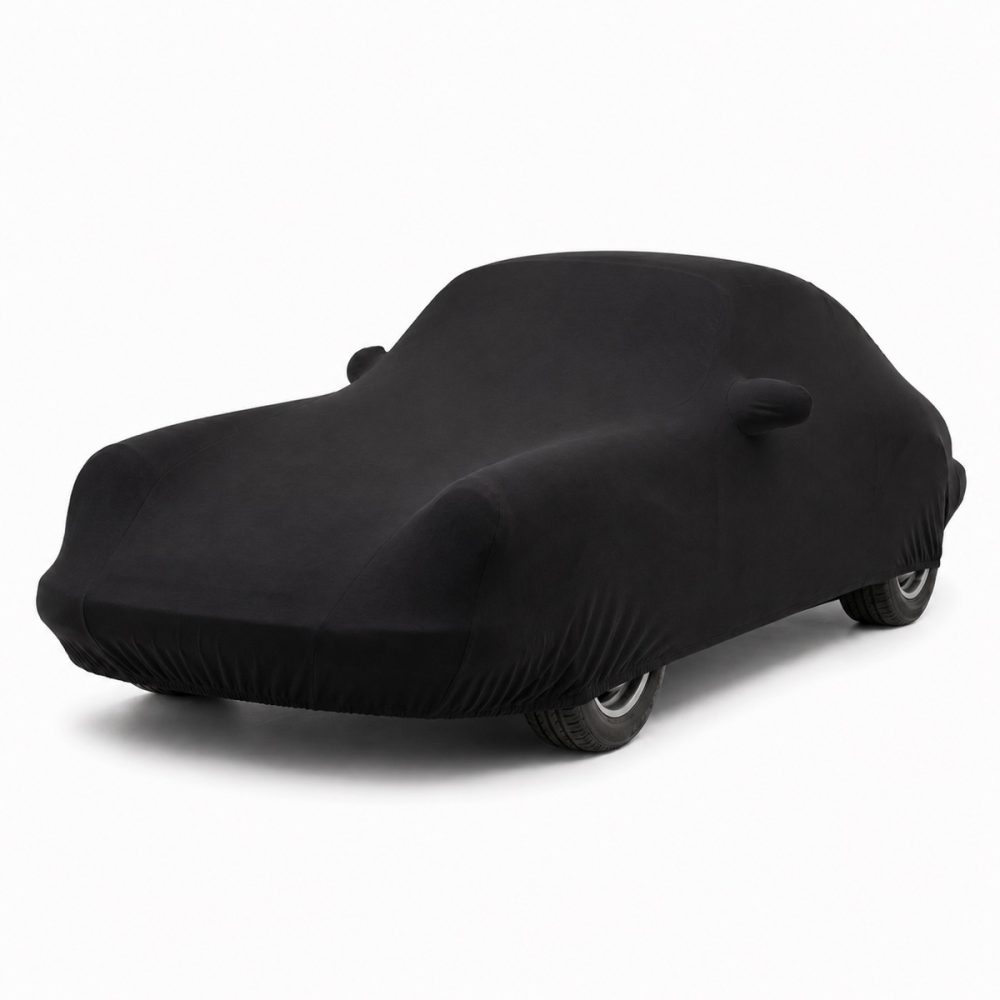 Housse intérieure Jersey Noir pour Porsche 911 SC (G-Serie) Coupé / Targa Housse de protection intérieure Jersey noire sur mesure posée sur une Porsche 911 SC G-Serie, vue avant 3/4