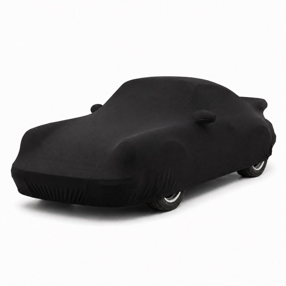 Housse de protection intérieure Jersey noire sur mesure posée sur une Porsche 911 Turbo (930), vue avant 3/4
