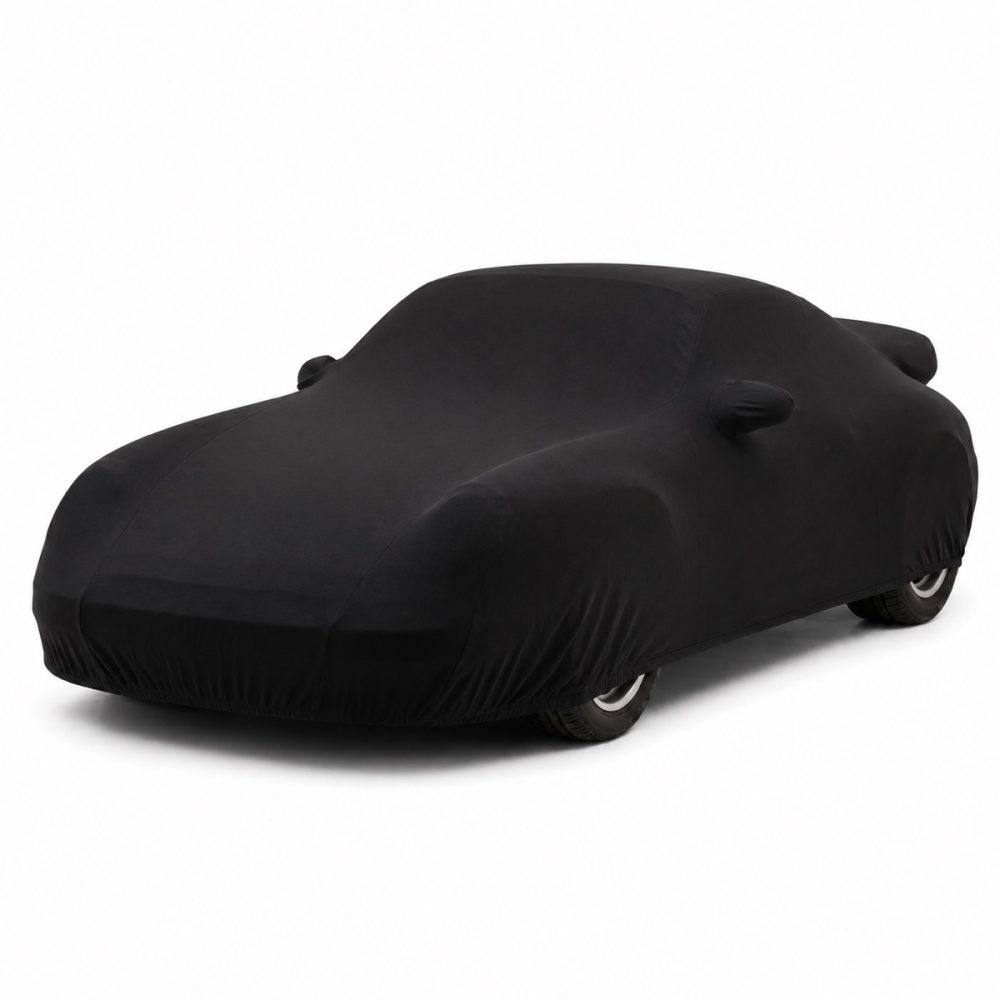 Housse de protection intérieure Jersey noire sur mesure posée sur une Porsche 911 Turbo 993, vue avant 3/4