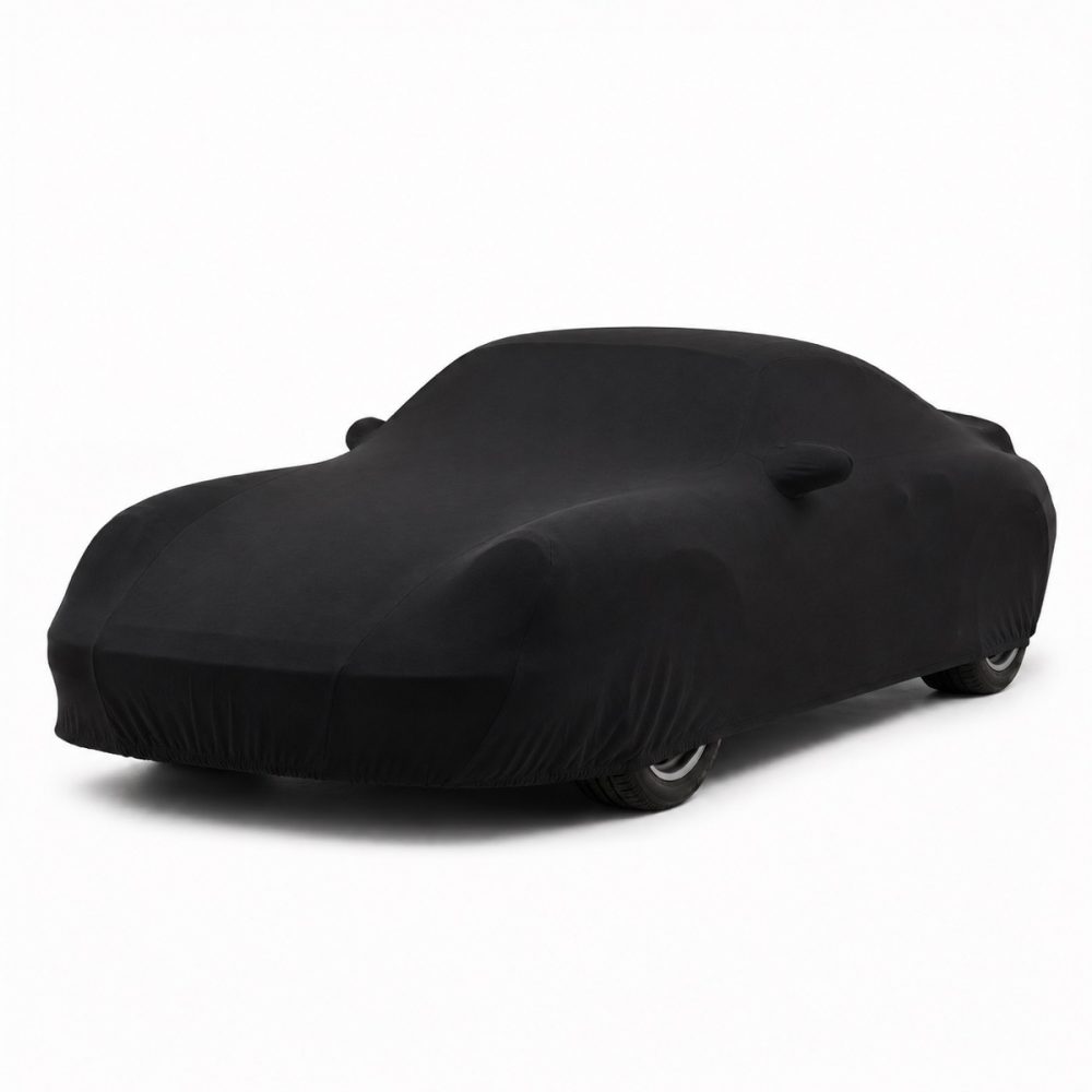 Housse de protection intérieure Jersey noire sur mesure posée sur une Porsche 911 Turbo 996, vue avant 3/4