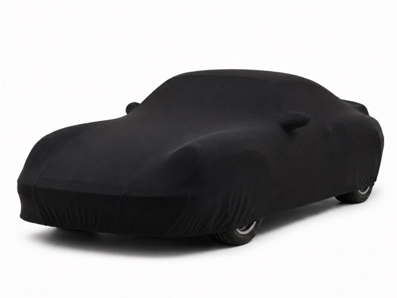 Housse intérieure Jersey Noir pour Porsche 911 Turbo (996) Housse de protection intérieure Jersey noire sur mesure posée sur une Porsche 911 Turbo 996, vue avant 3/4