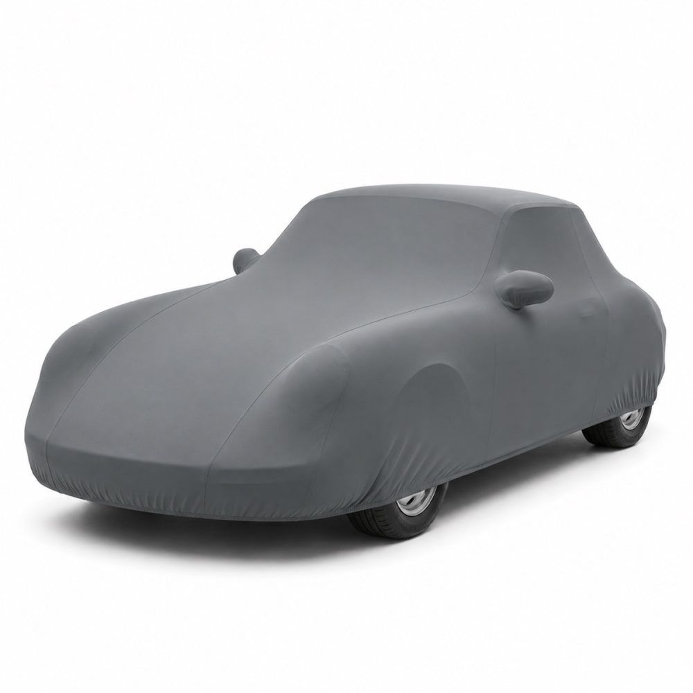 Housse de protection intérieure Lycra gris anthracite sur mesure posée sur une Porsche 356 C Cabriolet, vue avant 3/4