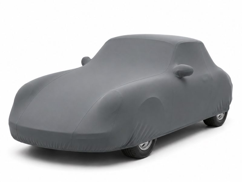 Housse de protection intérieure Lycra gris anthracite sur mesure posée sur une Porsche 356 C Cabriolet, vue avant 3/4