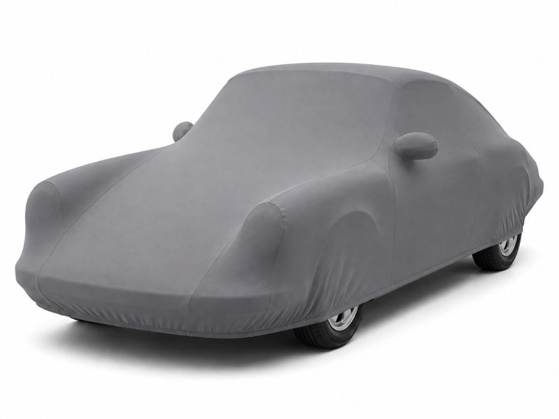 Housse de protection intérieure Lycra gris anthracite sur mesure posée sur une Porsche 911 901, vue avant 3/4