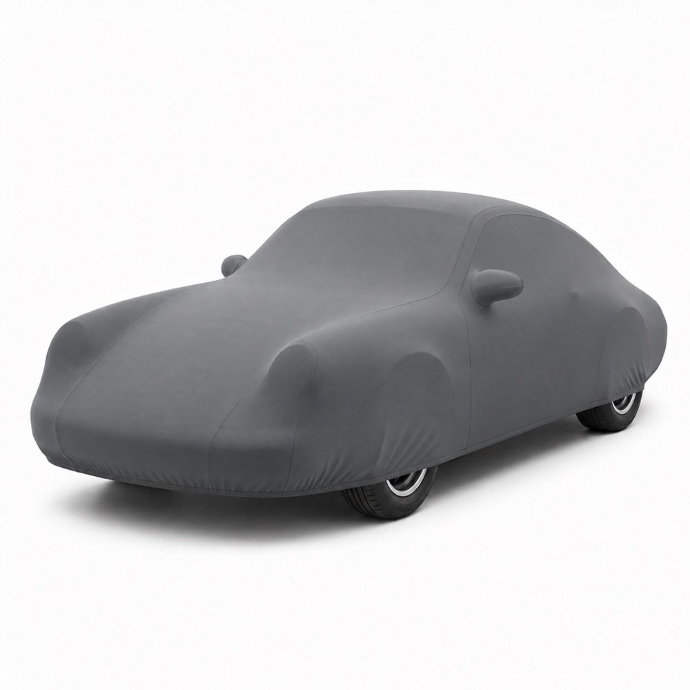 Housse intérieure Lycra Gris anthracite pour Porsche 911 (964) Housse de protection intérieure Lycra gris anthracite sur mesure posée sur une Porsche 911 964, vue avant 3/4