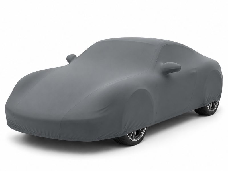 Housse de protection intérieure Lycra gris anthracite sur mesure posée sur une Porsche 911 991, vue avant 3/4