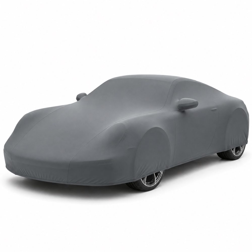 Housse de protection intérieure Lycra gris anthracite sur mesure posée sur une Porsche 911 992, vue avant 3/4